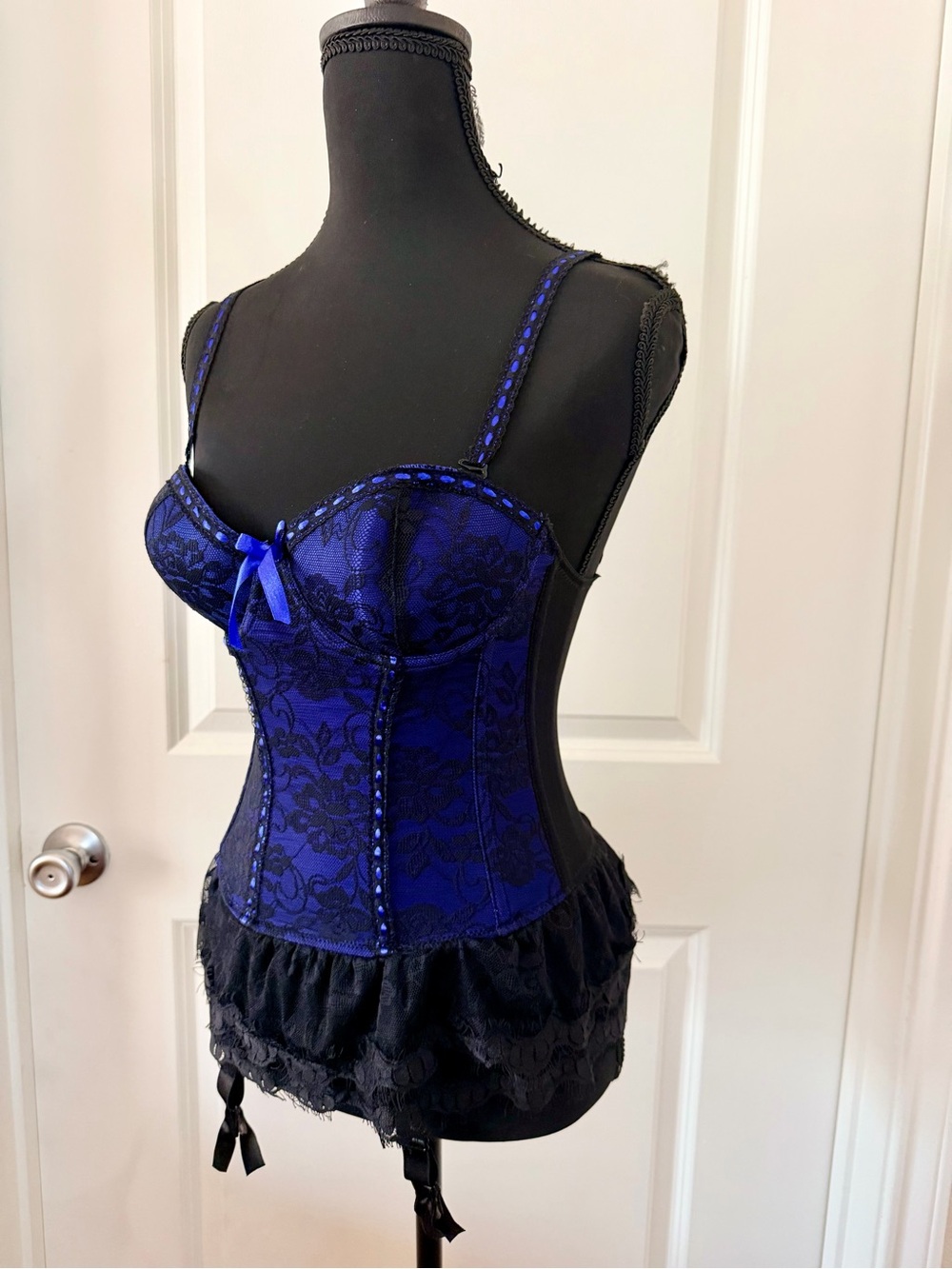 Blue Lace Bustier with Ruffle Hem and Bow